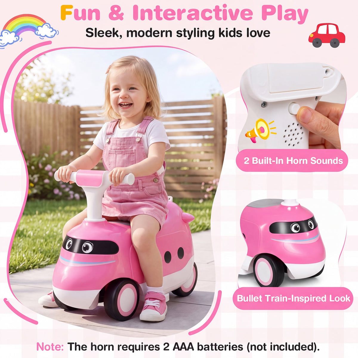 2-in-1 Ride On Push Car for Toddlers 1-3 Years Old, Pink