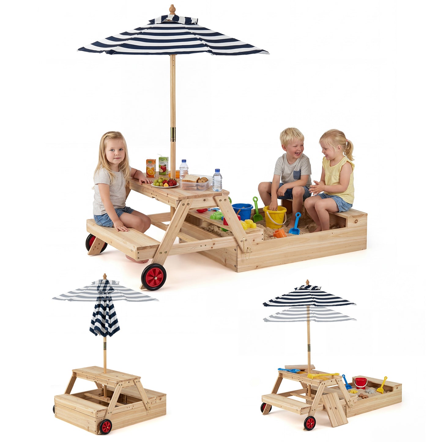 2-In-1 Wooden Sandbox With Umbrella Picnic Table, Blue Picnic Tables Blue at Gallery Canada