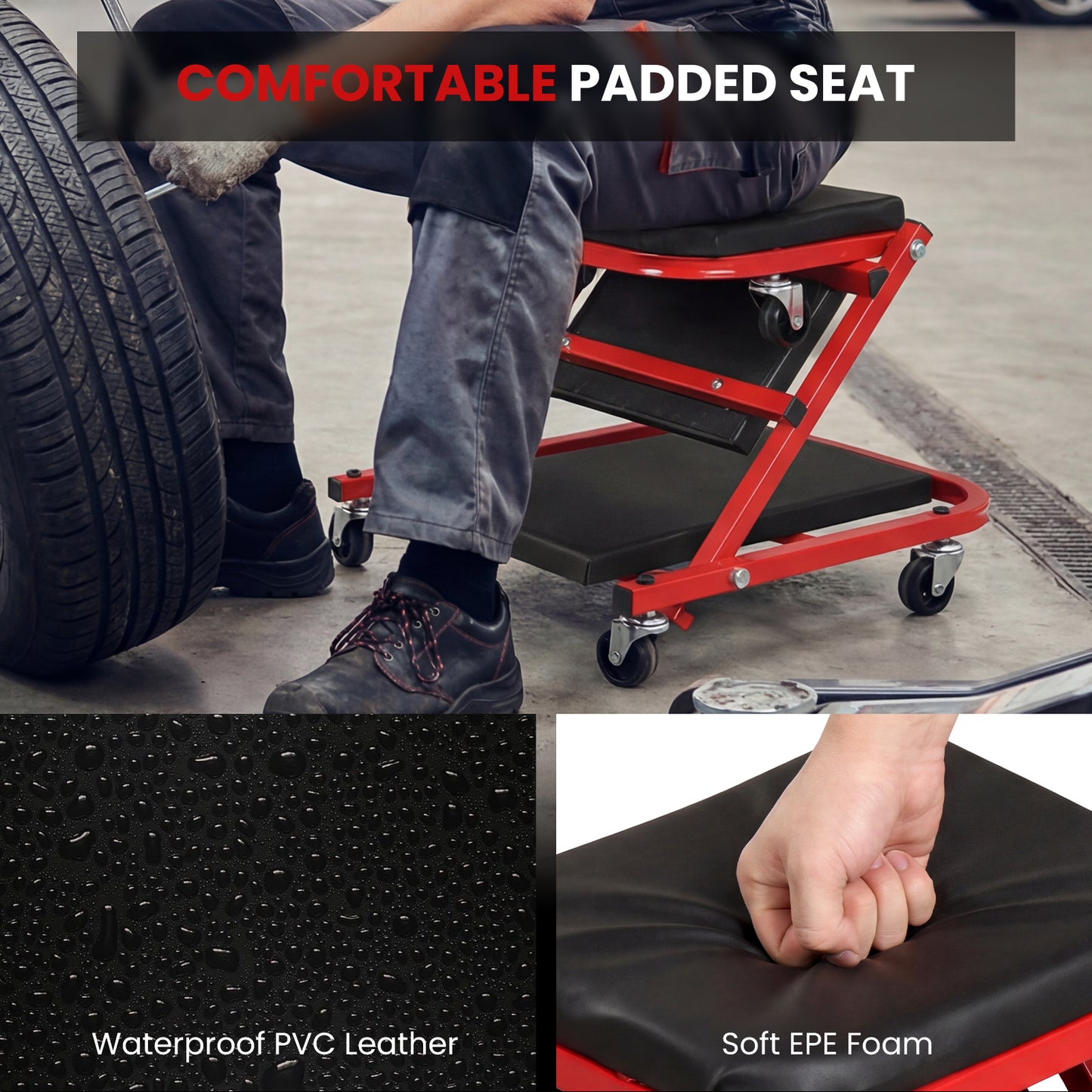 2-in-1 Z-Shaped Rolling Garage Stool, 36" Folding Automotive Creeper, Red Garages at Gallery Canada
