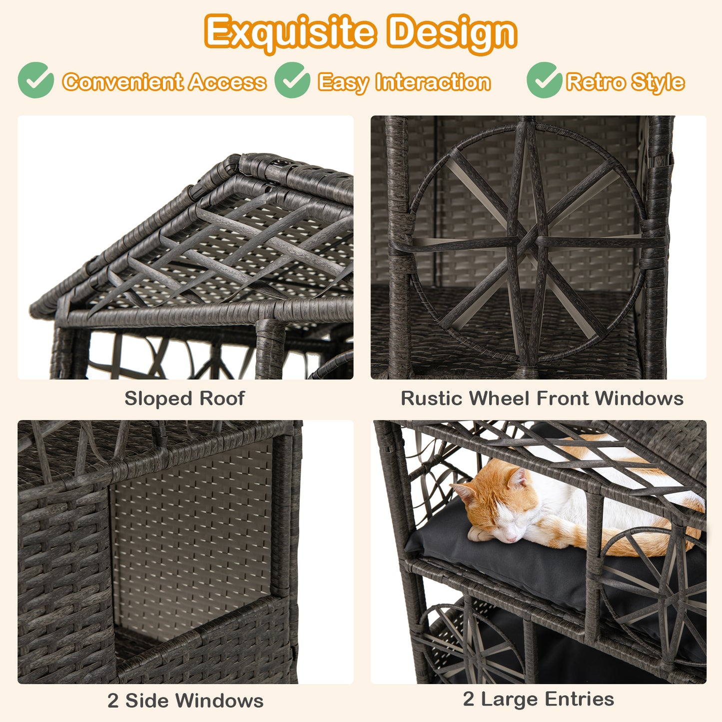 Wicker Cat House, 2-Storey Rattan Condo, Removable Cushions, Gray Cat Houses at Gallery Canada