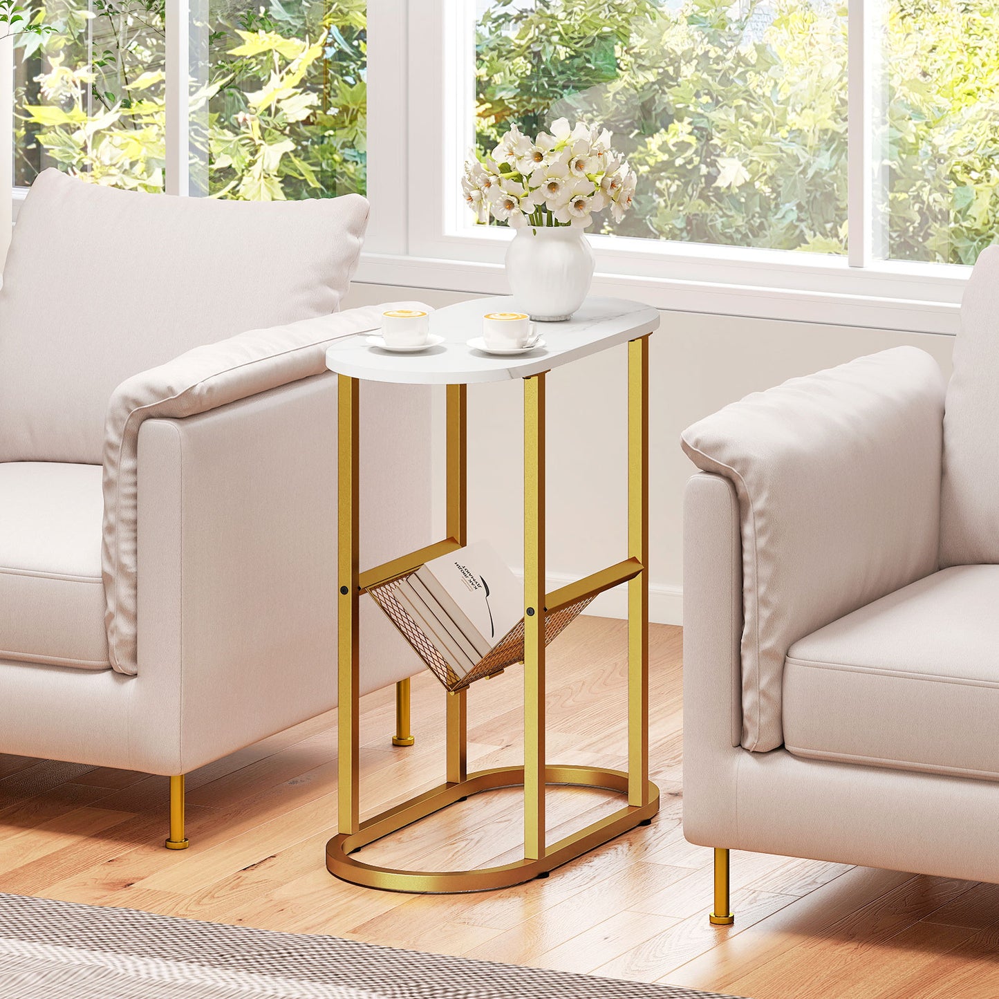 2-Tier Industrial Oval Side Table, Mesh Shelf, White End & Side Tables at Gallery Canada