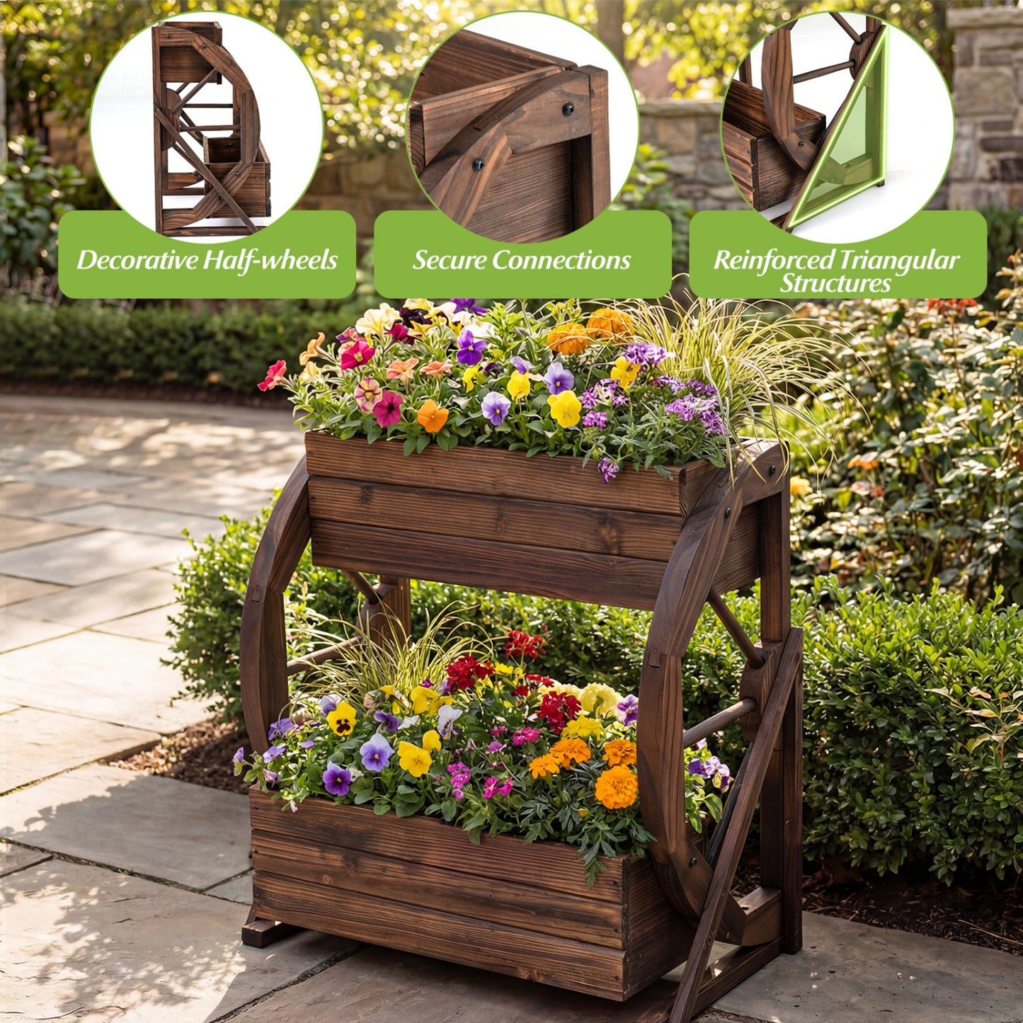 2-tier Raised Garden Bed Rustic Wood Wagon Planter with Drainage Holes and Semi-wheels, Coffee Raised Garden Beds at Gallery Canada