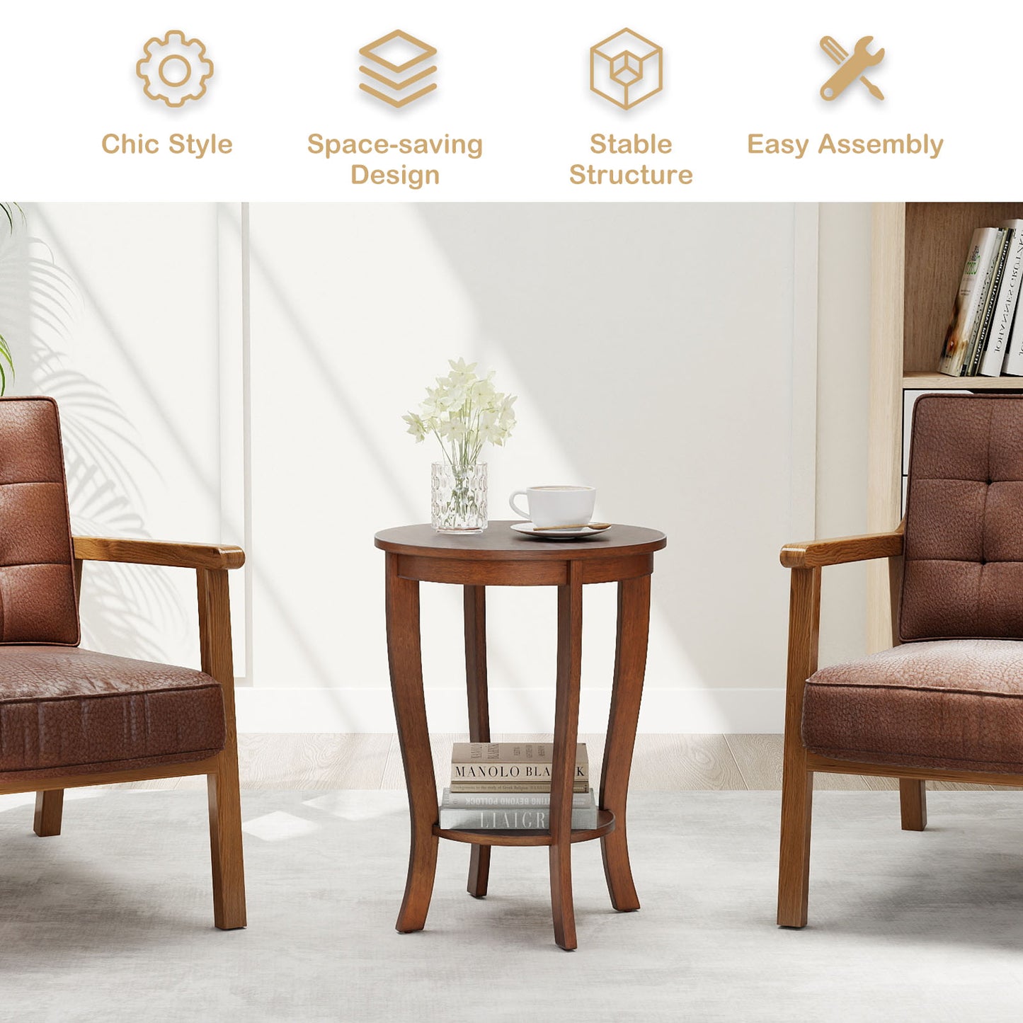 2-tier Round End Table with Solid Wood Legs, Walnut Living Room at Gallery Canada