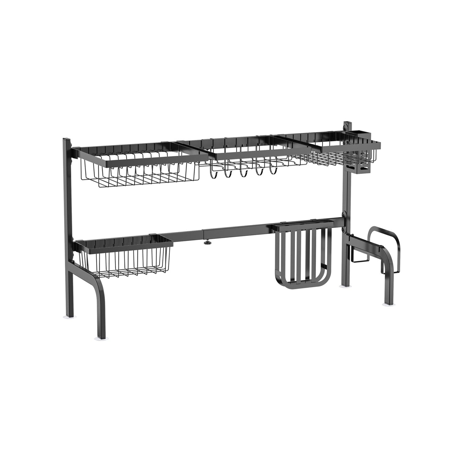 2 Tier Adjustable Over Sink Dish Drying Rack with 8 Hooks, Black