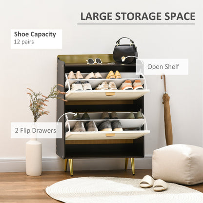 Shoe Storage Cabinet, Modern Shoe Cabinet with 2 Flip Drawers, Open Shelf, Bamboo Frame, 12 Pair Shoe Organizer for Entryway, Hallway, White at Gallery Canada