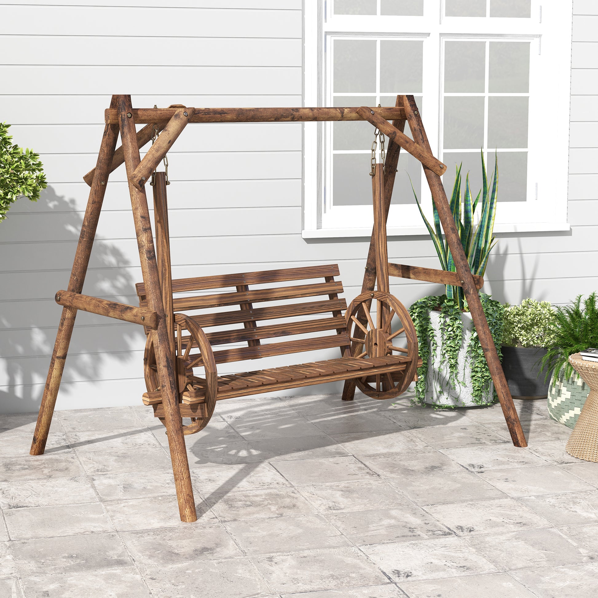 Patio Swing Chair with A-Frame Stand, 2 Seat Wooden Porch Swing for Garden, Poolside, Backyard, Carbonized Brown at Gallery Canada