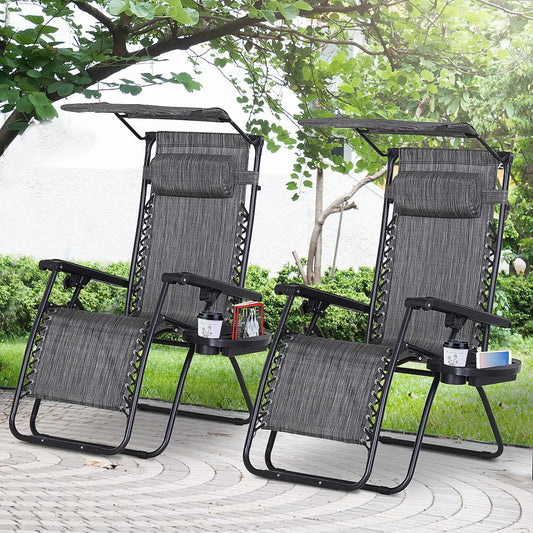 2 Piece Foldable Lounge Chair with Canopy, Outdoor Zero Gravity Chair, Dark Grey Lounger Chairs Dark Grey at Gallery Canada