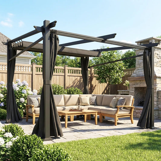 Metal Pergola With Sliding Roof Canopy, 10' x 10', Black