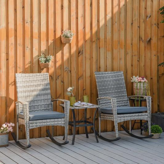 3-Piece Patio Wicker Rocking Chair Set, Outdoor PE Rattan, 2 Chairs 1 Table, Grey Outdoor Rocking Chairs Mixed Grey Wicker, Light Grey Cushion at Gallery Canada
