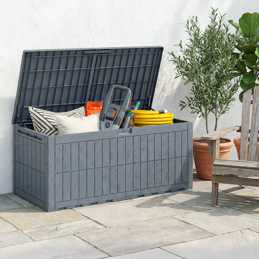 220 Gallon Resin Deck Box, Waterproof Lockable Outdoor Storage Patio Storage Boxes Grey Wood Effect at Gallery Canada