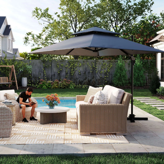 10' x 10' Cantilever Patio Umbrella, Double Top, Light Grey Cantilever Umbrellas Light Grey at Gallery Canada