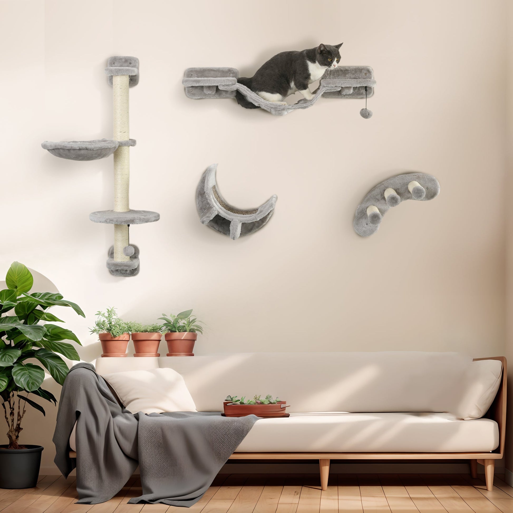 Cat Wall Shelf with Scratching Post, Jumping Platform with Soft Ladder, Cat Wall Shelves for Relaxing, Sleeping, Climbing, Cat Wall With Soft Hammock and Play Balls, Grey at Gallery Canada