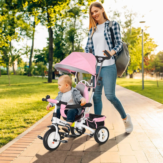 6 In 1 Toddler Tricycle Stroller, With Basket And Canopy, Pink Tricycles for Kids Pink, White at Gallery Canada