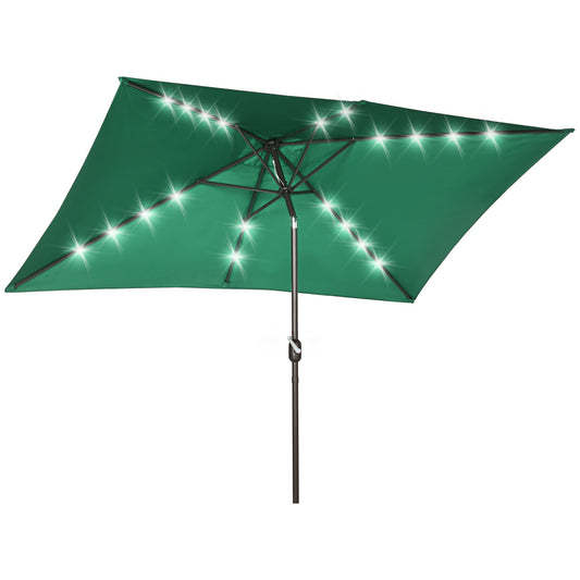 6.5x10ft Patio Umbrella Rectangle Solar Powered Tilt Aluminum Outdoor Market Parasol with LEDs Crank (Dark Green) - Gallery Canada