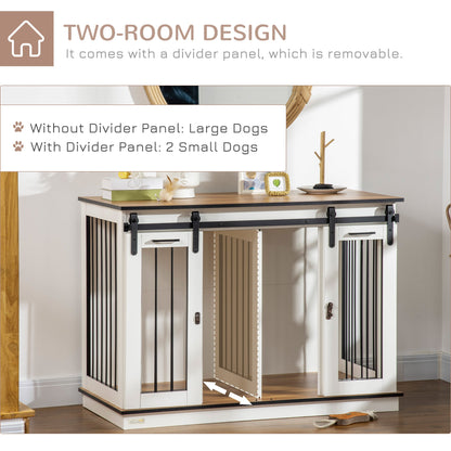 Dog Crate Furniture with Divider Panel, Wooden Dog Kennel TV Stand for Large Dogs, Pet House Side Table for 2 Small Dogs with Two Rooms Design, 2 Sliding Doors, White at Gallery Canada