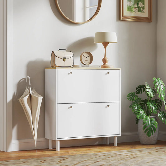 2 Drawers Shoe Storage Cabinet, Adjustable Shelves, 16 Pairs, White Shoe Storage Cabinets & Racks White, Light Oak at Gallery Canada