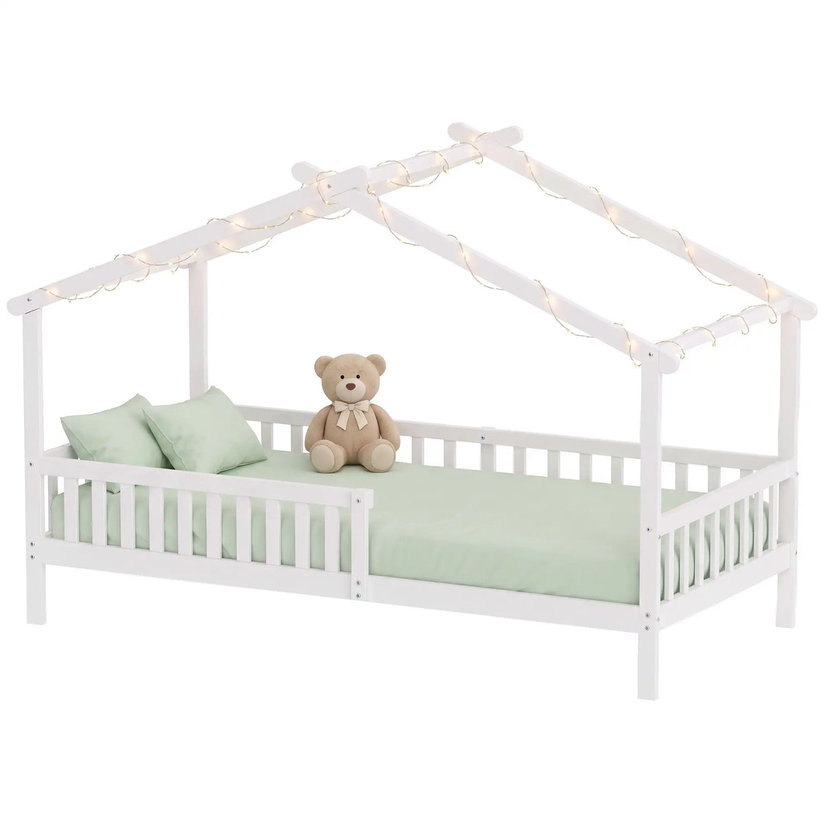 Twin Bed Frame, Solid Wood House Bed with Roof, Guardrail, No Box Spring, White Kids Bedroom Furniture at Gallery Canada