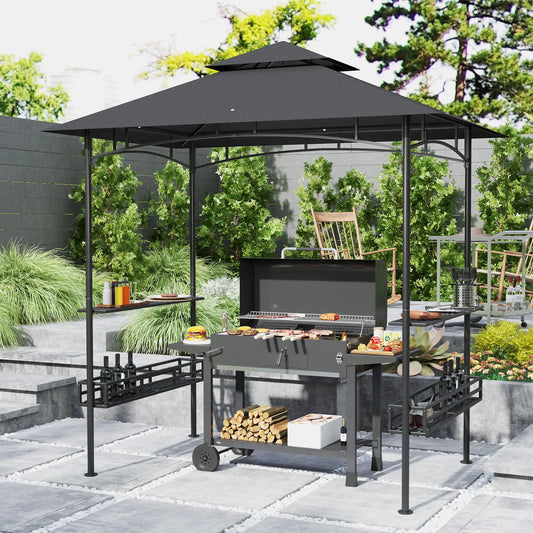 8' x 5' BBQ Gazebo, 2-Tier With Shelves, Storage Basket, Dark Grey BBQ Grill Gazebos Dark Grey at Gallery Canada