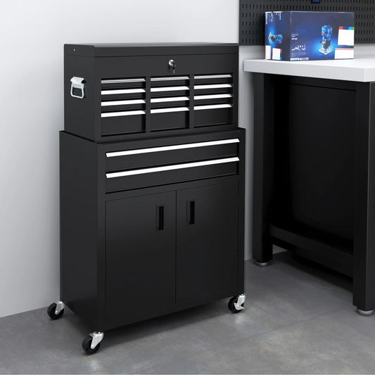 Coffre à outils roulant 6 tiroirs, armoire de rangement verrouillable avec crochets, Noir