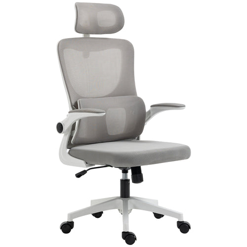 High Back Office Chair, Mesh Computer Desk Chair with Adjustable Headrest, Lumbar Support, Armrest, Adjustable Height, Grey
