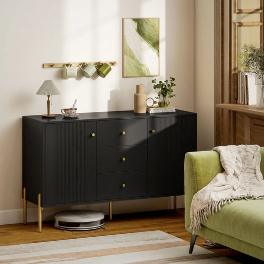 Buffet Cabinet, Modern Sideboard with 3 Drawers and 2 Shelves, Black Storage Cabinets Black, Gold at Gallery Canada