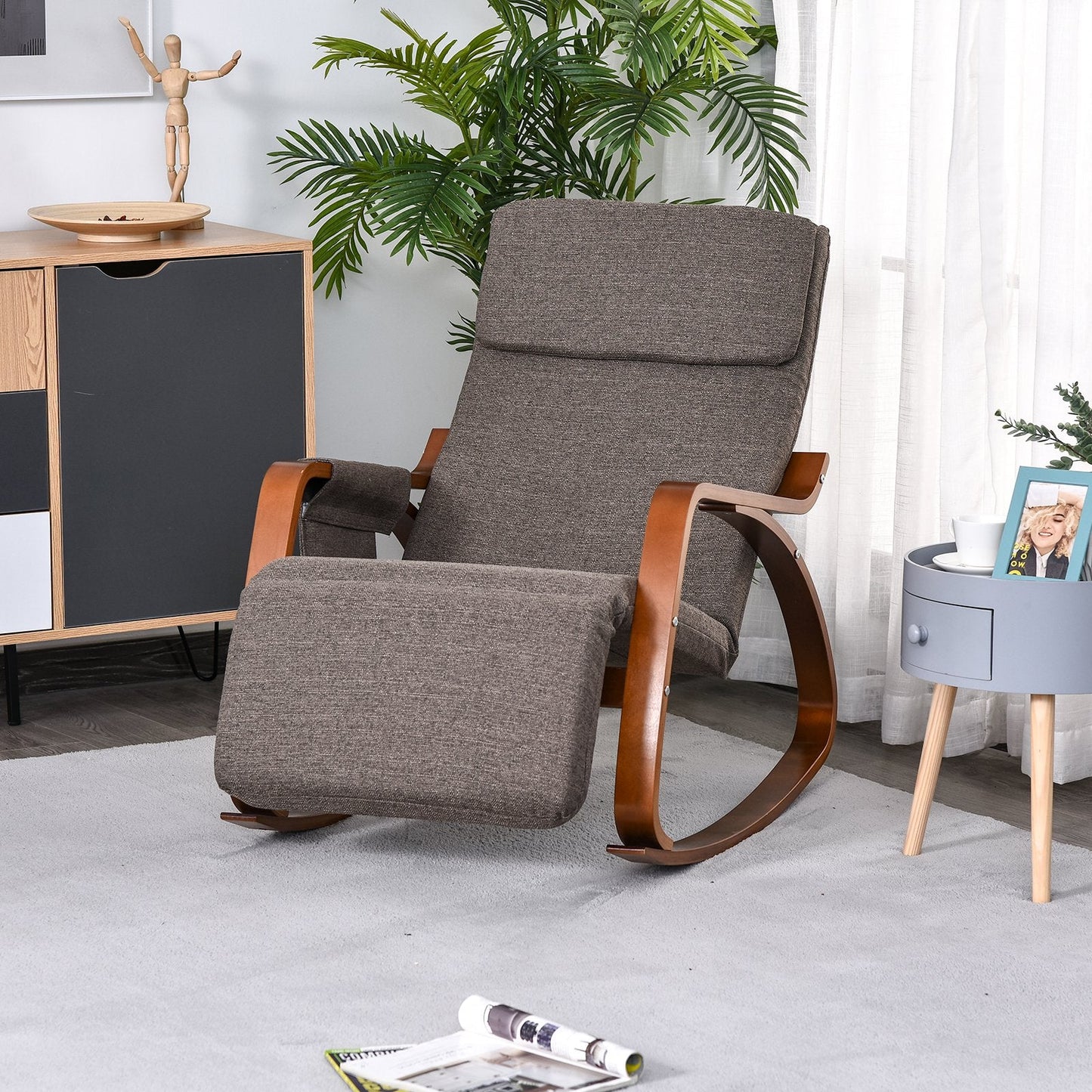 Rocking Chair with Adjustable Footrest, Padded Cushion, Removable Side Pocket &; Soft Pillow for Living Room, Bedroom, Natural Wood frame Linen Touch, Brown at Gallery Canada