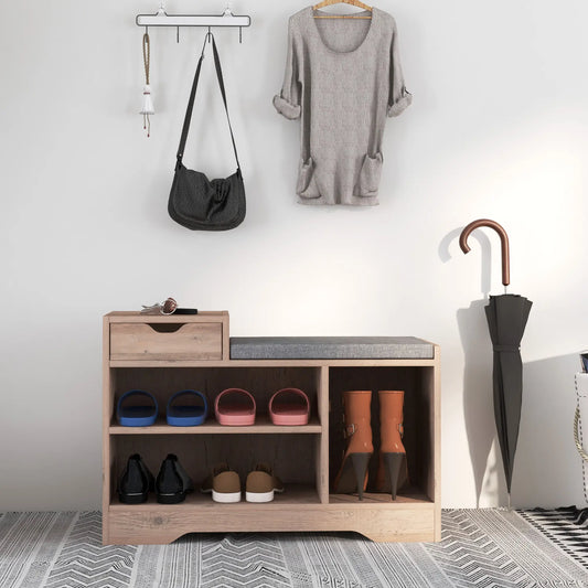 Banc de rangement pour chaussures rembourré, Siège, Tiroir, 3 Étagères, Gris