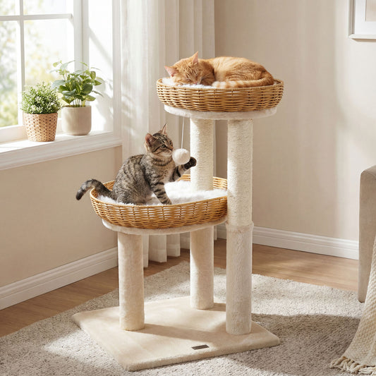 30-Inch Cat Tower With 2 Rattan Cat Baskets, Beige Cat Trees Condos & Scratchers Beige at Gallery Canada