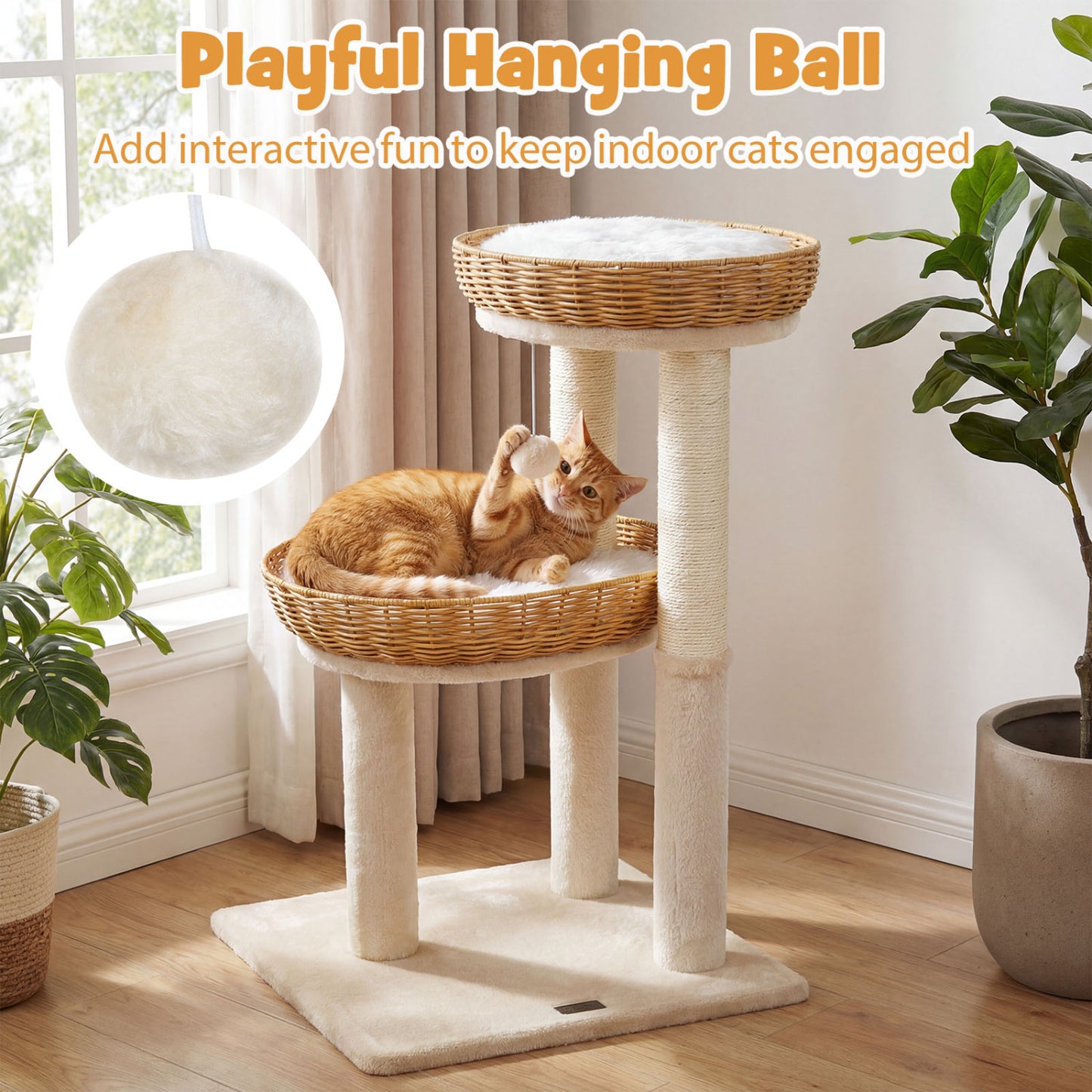 30-Inch Cat Tower With 2 Rattan Cat Baskets, Beige Cat Trees Condos & Scratchers at Gallery Canada