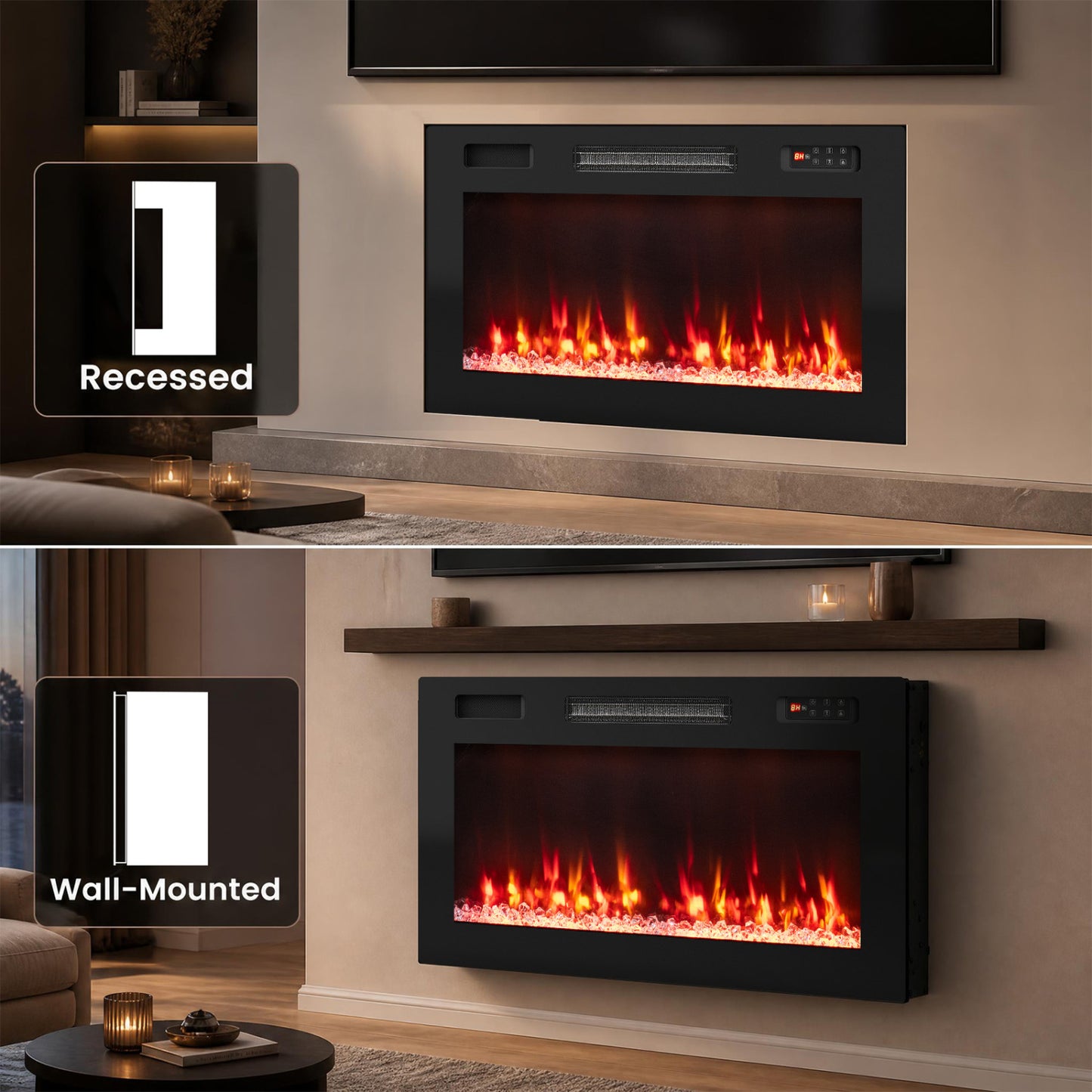 30 Inch Smart WiFi Electric Fireplace, Recessed Wall Mounted