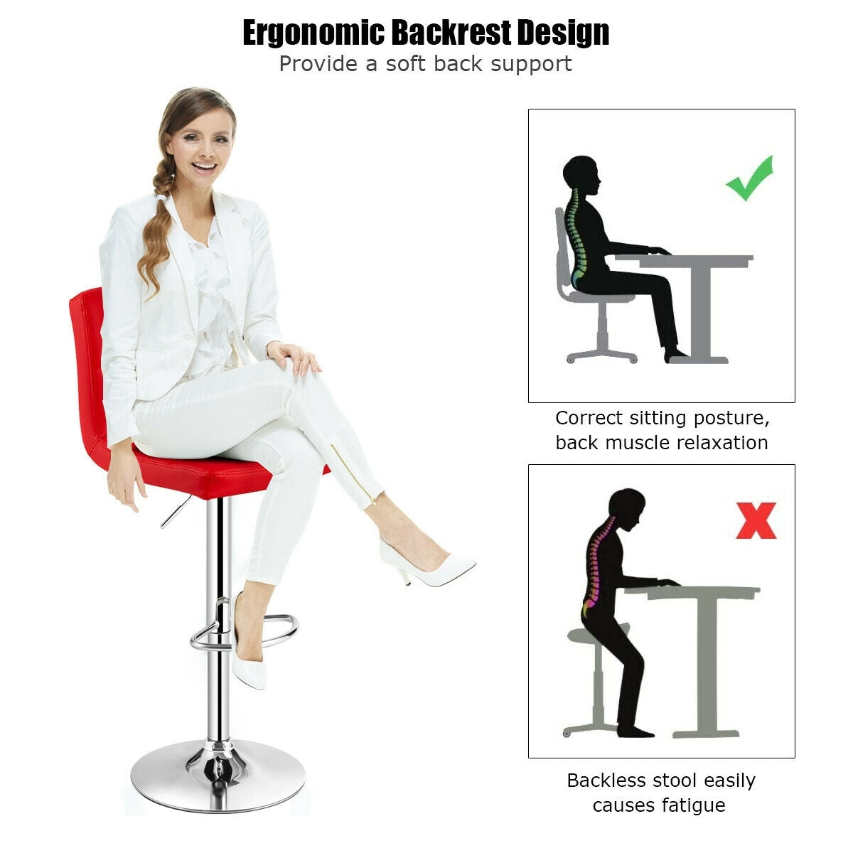 Set of 2 Square Swivel Adjustable PU Leather Bar Stools with Back and Footrest, Red Bar Stools at Gallery Canada