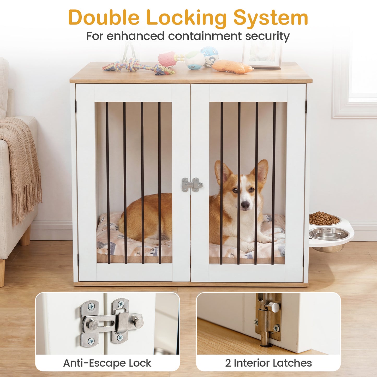 31.5” Wooden Dog Crate Furniture, Double Lock Doors, White Dog Kennels at Gallery Canada
