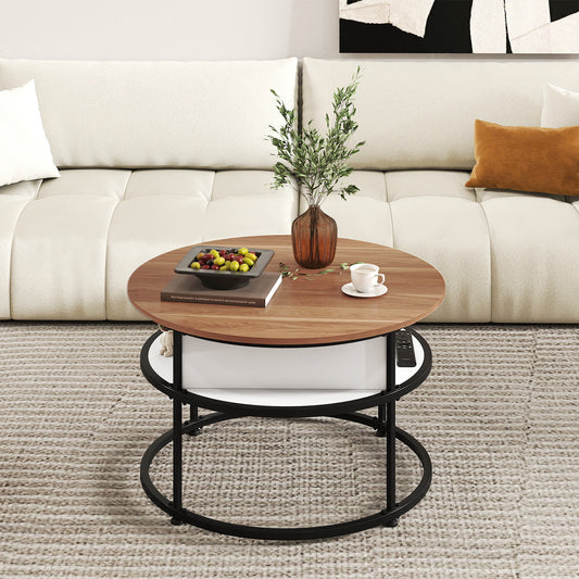 31.5 Inch Round Lift Top Coffee Table with Hidden Compartment and Side Shelves, Teak Coffee Tables Teak at Gallery Canada