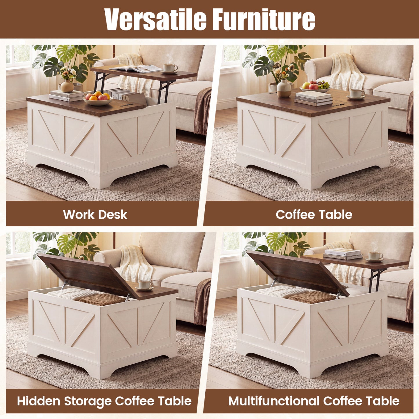 31.5 In Square Coffee Table with Lift Top Storage, Rustic Brown Coffee Tables at Gallery Canada