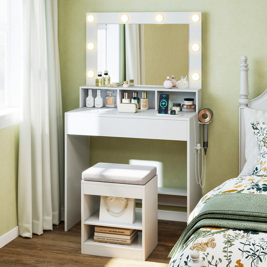 31.5 Inches Vanity Desk, 3 Lighting Modes, Storage Shelves, White Makeup Vanities White at Gallery Canada