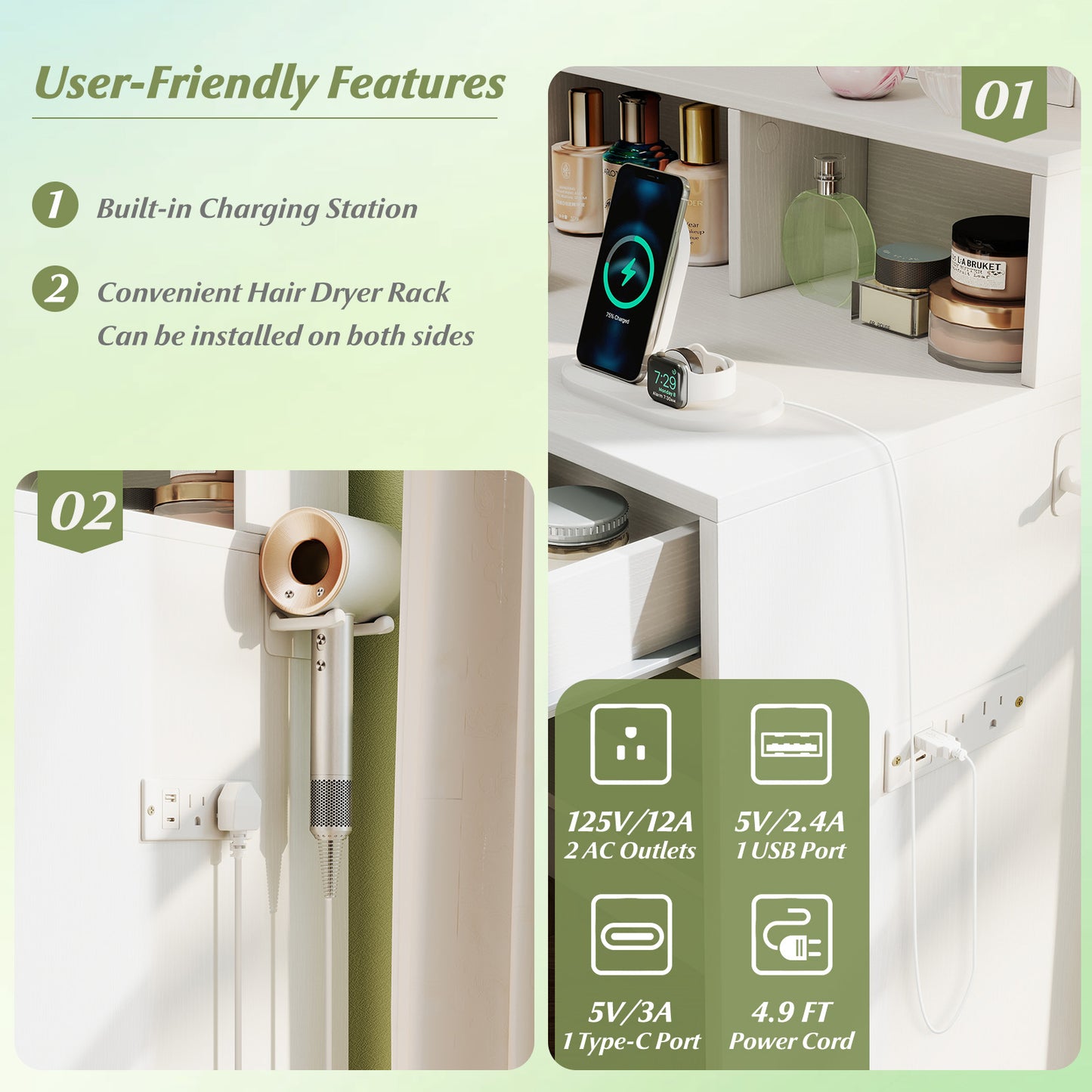 31.5 Inches Vanity Desk, 3 Lighting Modes, Storage Shelves, White Makeup Vanities at Gallery Canada