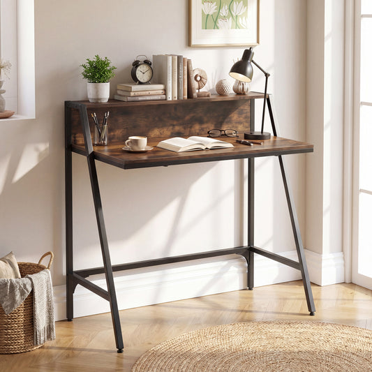 Industrial Desk With Raised Shelf, 31.5", Rustic Brown Computer Desks Rustic Brown at Gallery Canada