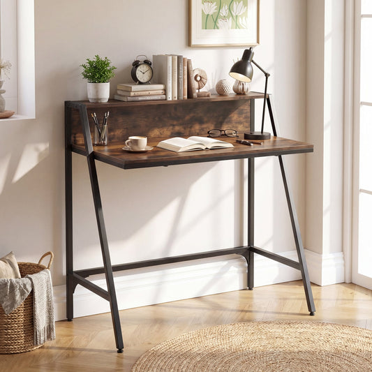 Industrial Desk With Raised Shelf, 31.5", Rustic Brown Computer Desks Rustic Brown at Gallery Canada