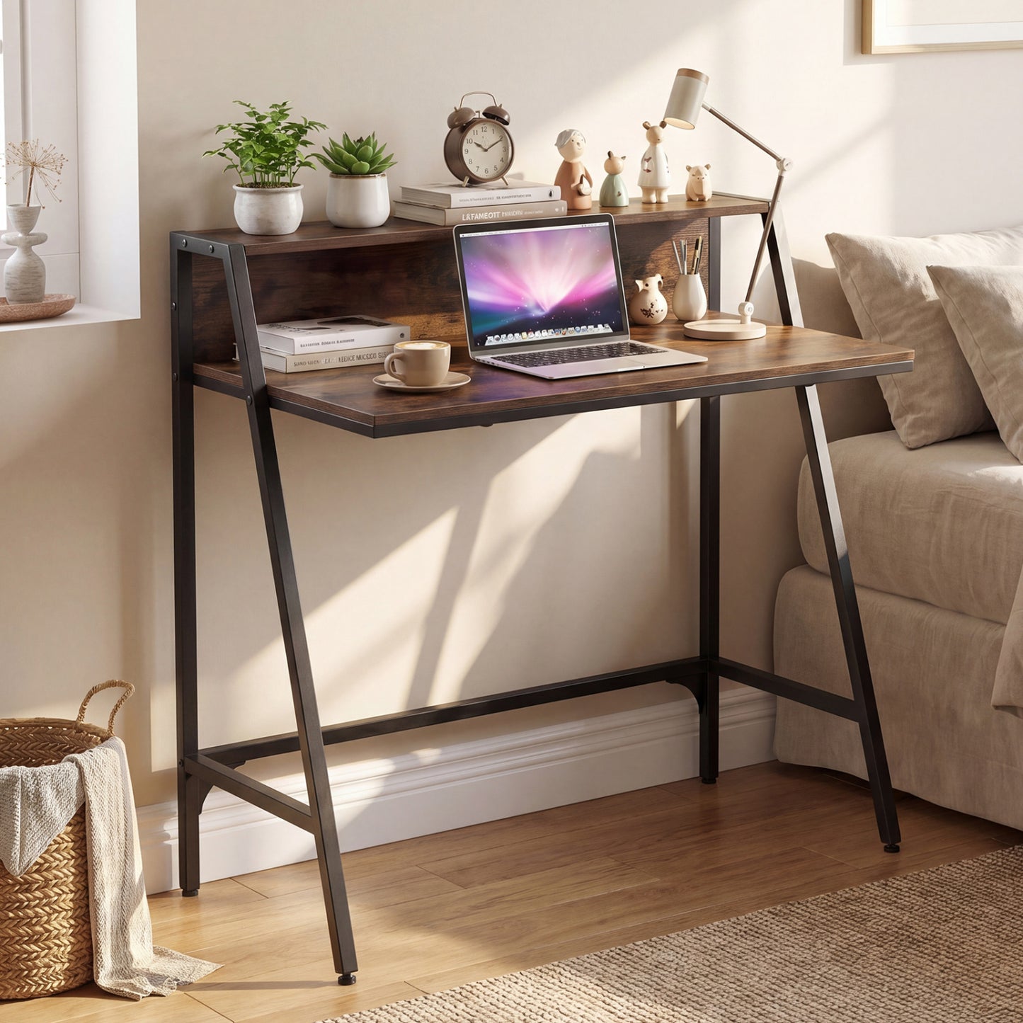 Industrial Desk With Raised Shelf, 31.5", Rustic Brown Computer Desks at Gallery Canada