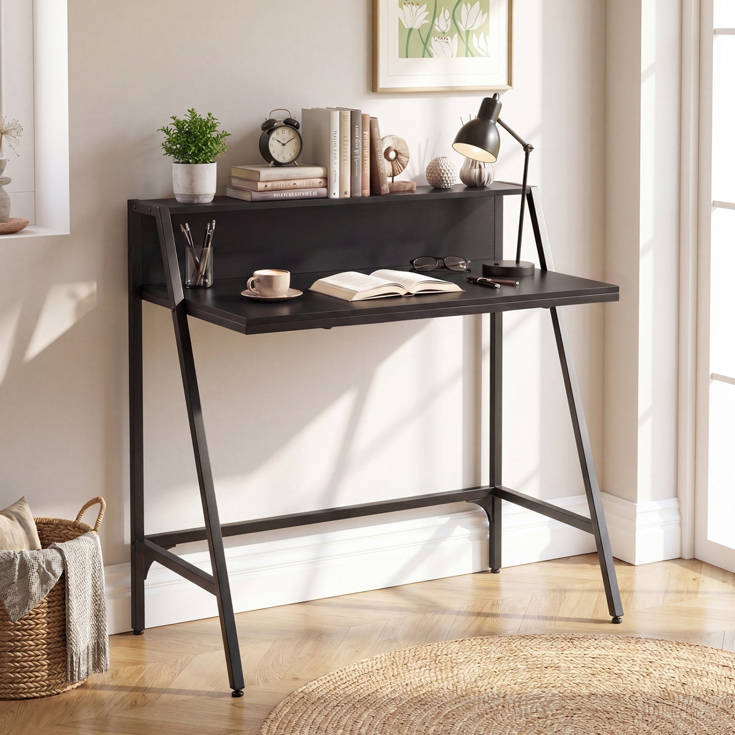 31.5" Industrial Desk With Raised Shelf, Black Computer Desks at Gallery Canada