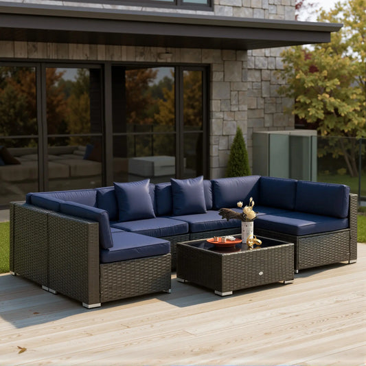 7-Piece Patio Furniture Set, Rattan Outdoor Sofa, Navy Patio Furniture Sets Dark Brown Rattan, Navy Blue Fabric at Gallery Canada