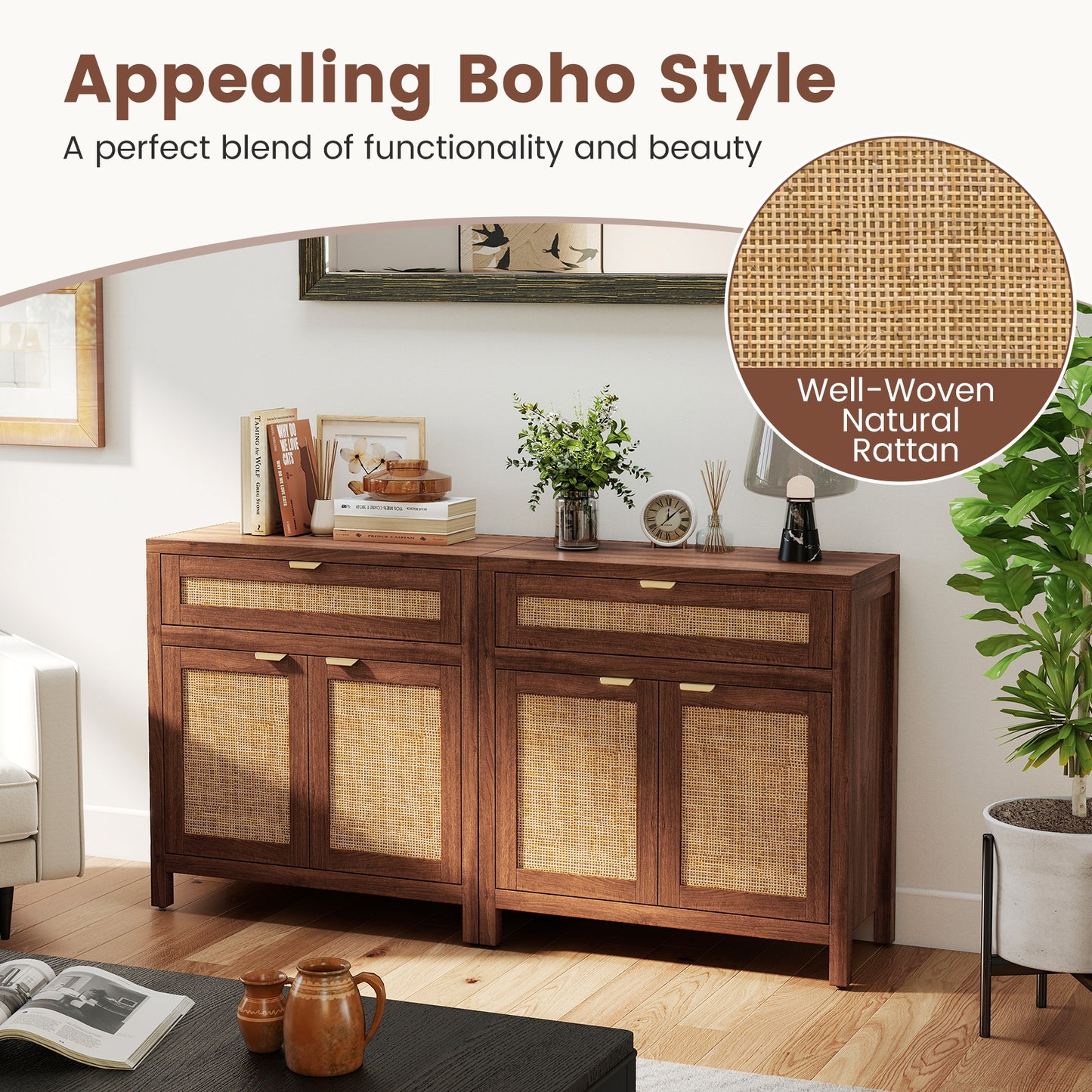 Sideboard Storage Cabinet, Rattan Doors And Drawer, Brown Sideboards Cabinets & Buffets at Gallery Canada