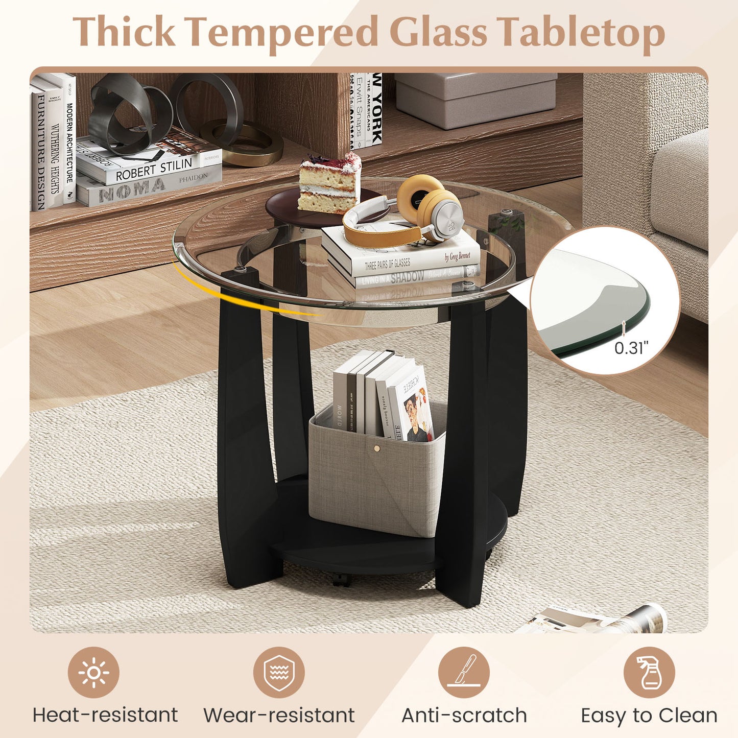 32" 2-Tier Glass Round Coffee Table with Storage Shelf, Black Coffee Tables at Gallery Canada