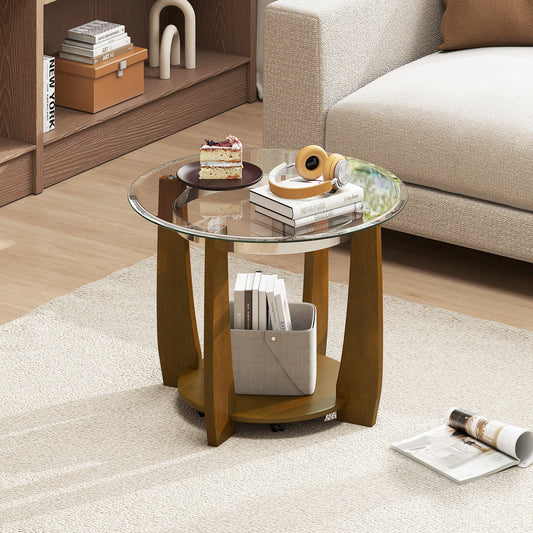 32" 2-Tier Glass Round Coffee Table with Storage Shelf, Walnut Coffee Tables Walnut at Gallery Canada