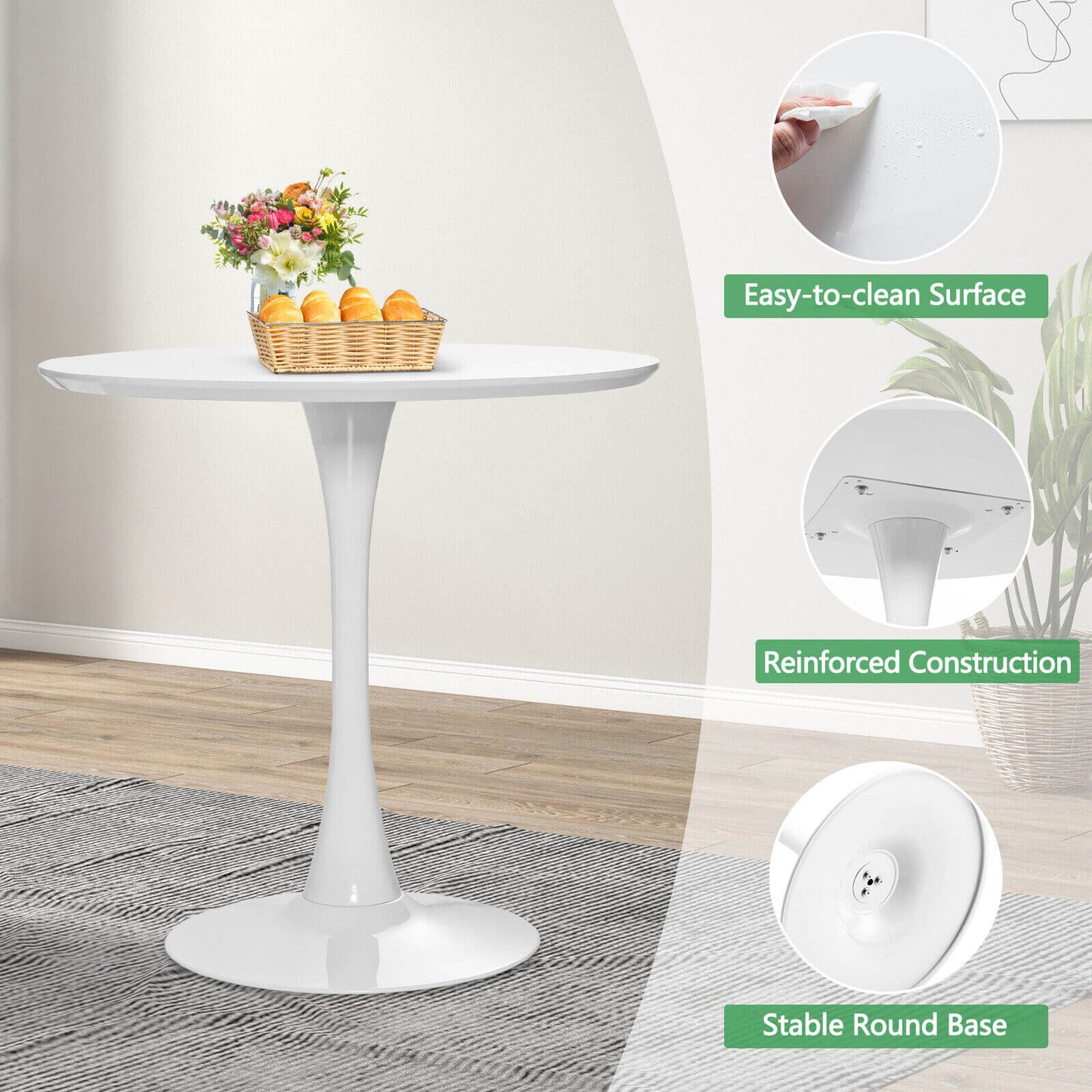 32 Inch Tulip Round Dining Table, MDF Top, White Dining Tables at Gallery Canada
