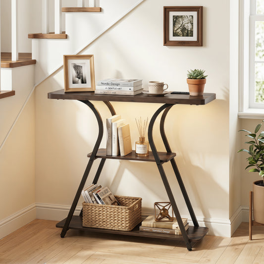 32 Inch Narrow Long Entryway Table with Power Outlets and LED Lights, Brown Console Tables Brown at Gallery Canada