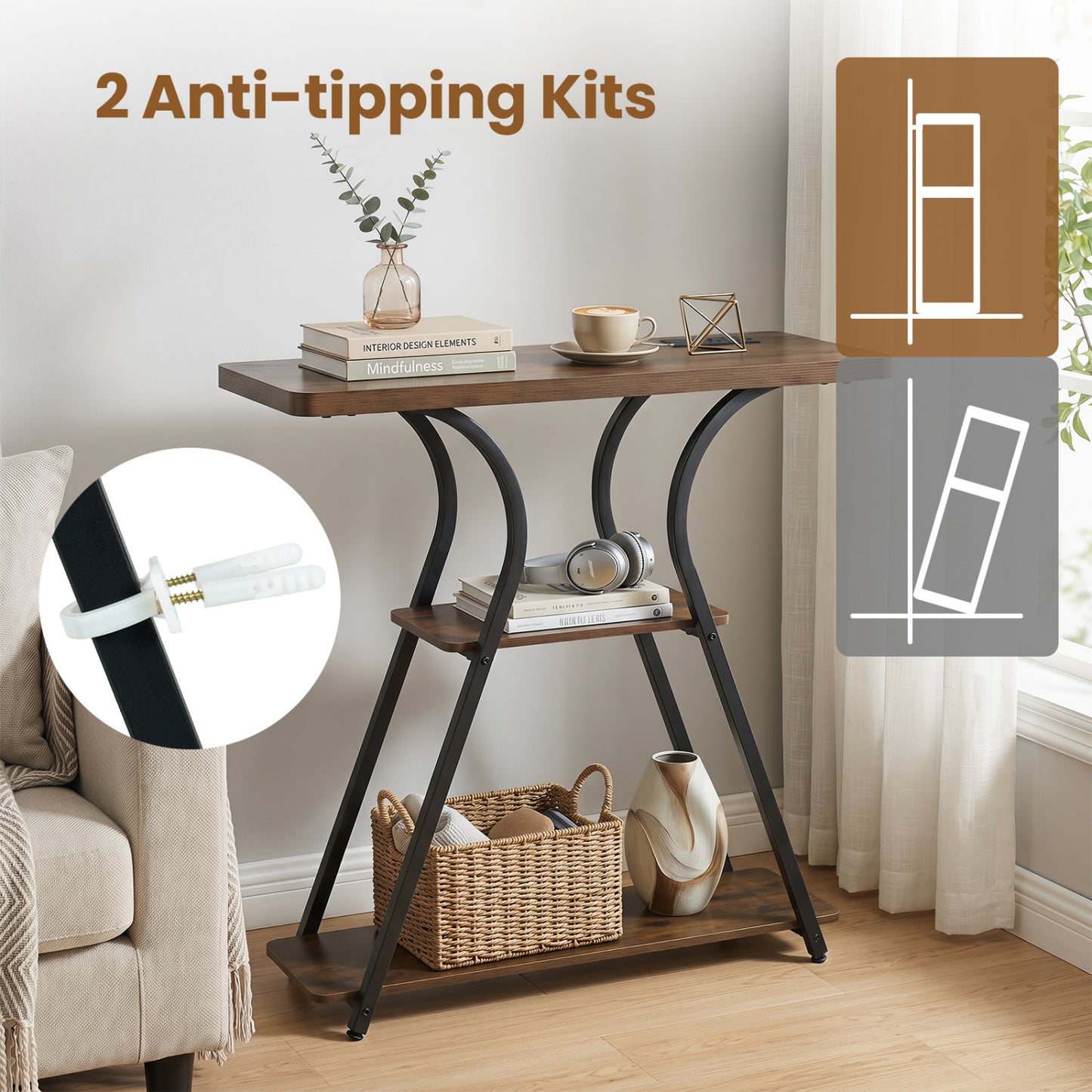 32 Inch Narrow Long Entryway Table with Power Outlets and LED Lights, Brown Console Tables at Gallery Canada