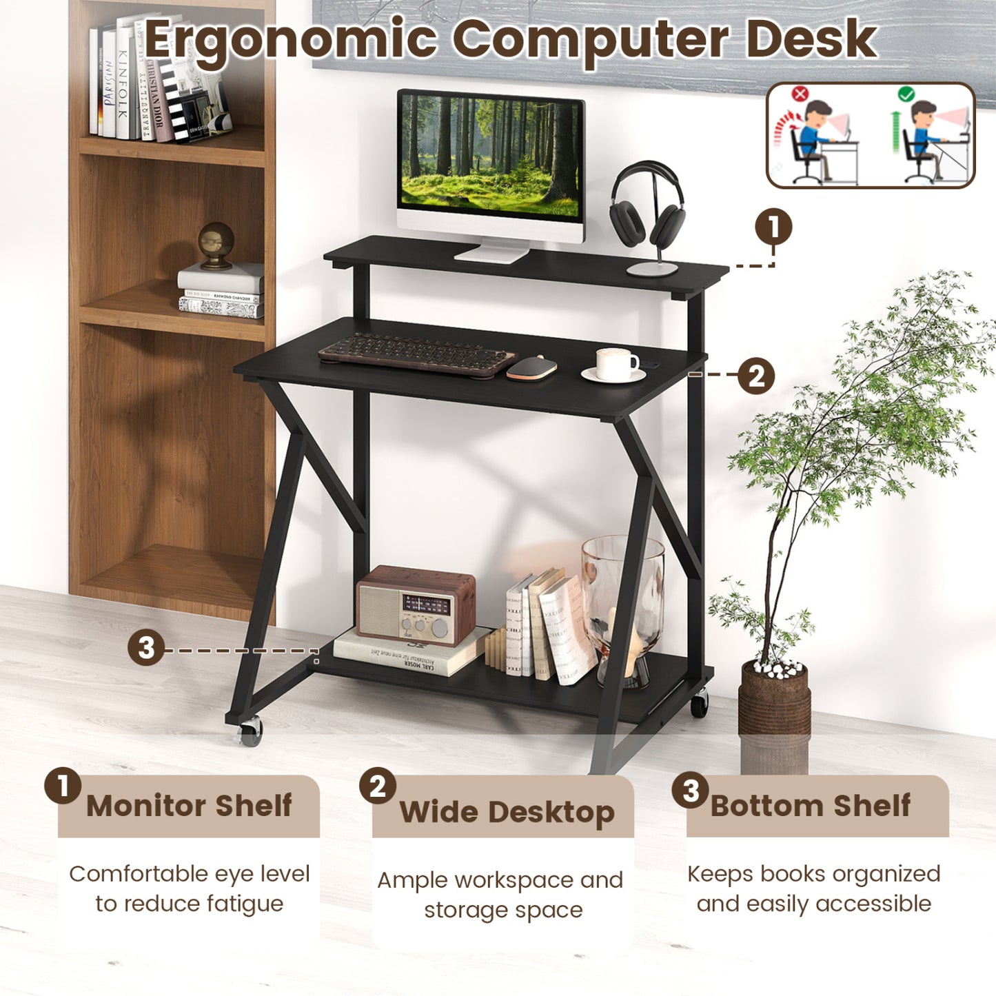 32 Inch Rolling Computer Desk, Power Outlets, Black Writing Desks at Gallery Canada