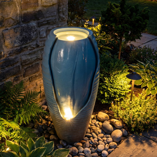 32 Inch Tall Jar Water Fountain, LED Lights, Vintage Ceramic-Look, Blue Outdoor Decor Blue at Gallery Canada