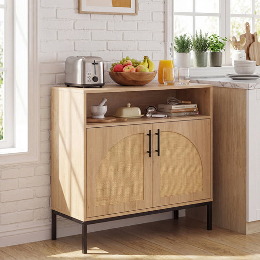32" Sideboard Buffet Cabinet, 2 Rattan Doors, Adjustable Shelf, Natural Sideboards Cabinets & Buffets Natural at Gallery Canada